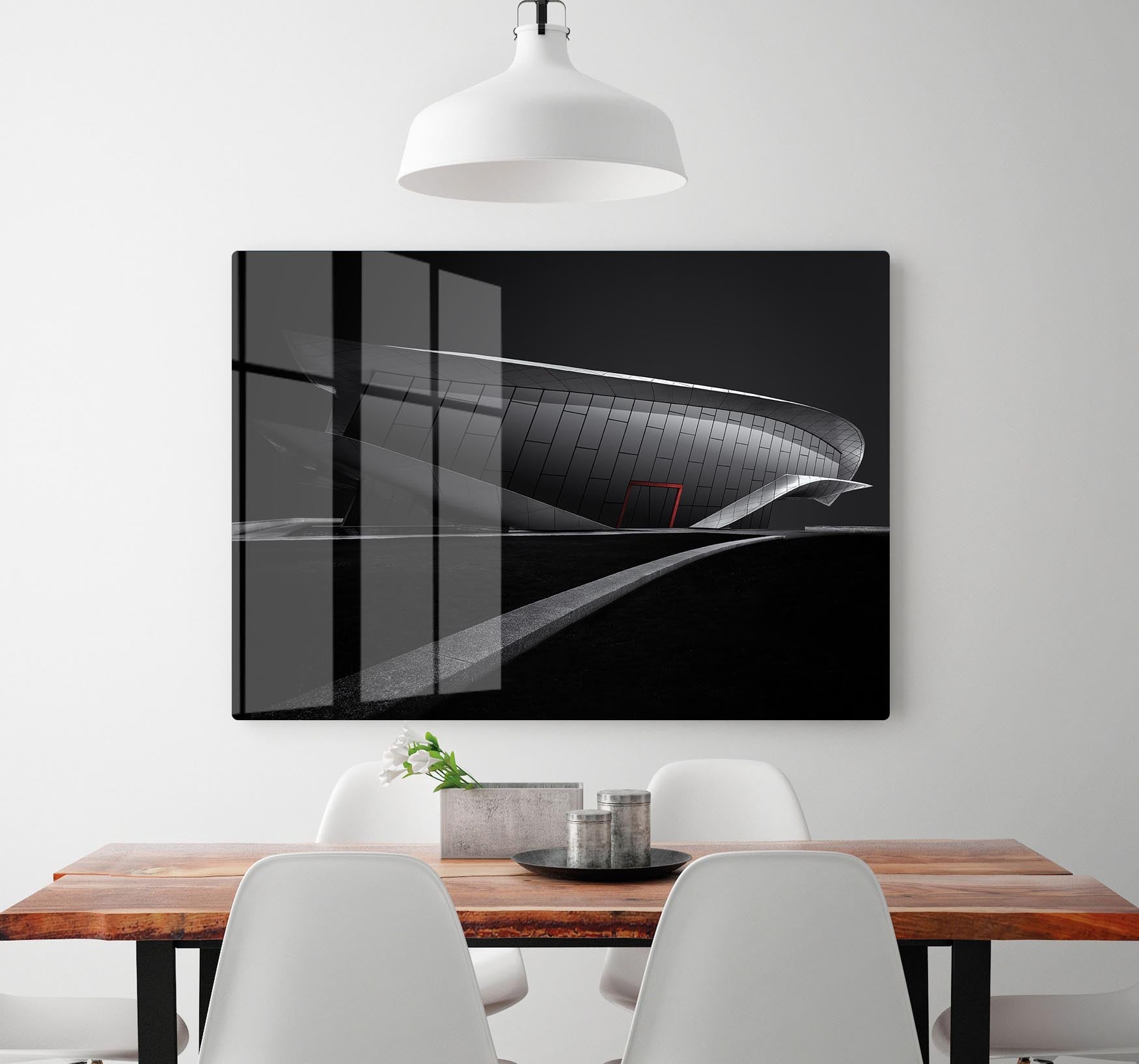 Greyscale Acrhitecture With A Glance Of Red HD Metal Print - Canvas Art Rocks - 2
