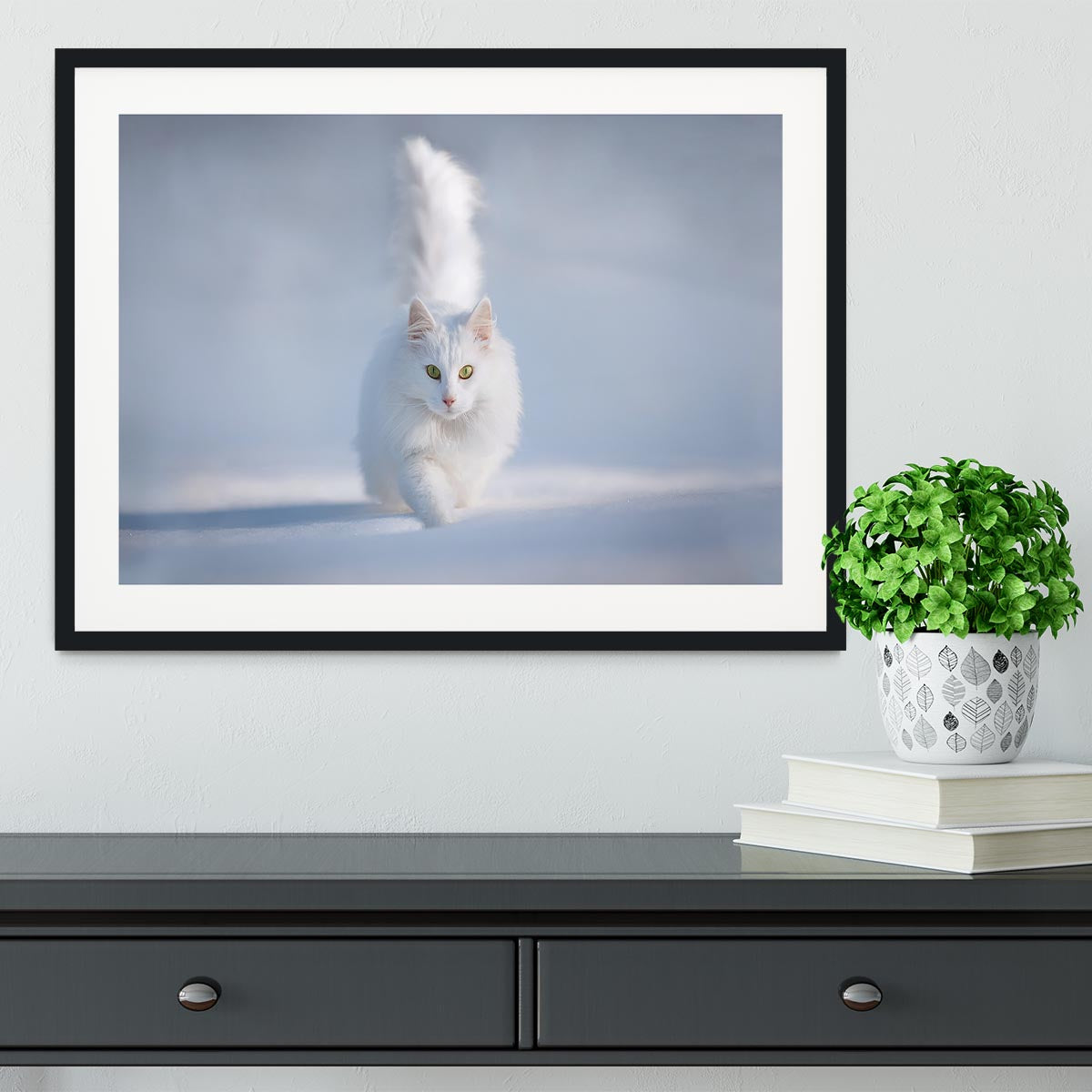 White Kitten Running In Snow Framed Print - Canvas Art Rocks - 1