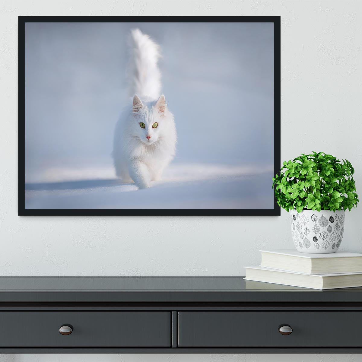 White Kitten Running In Snow Framed Print - Canvas Art Rocks - 2