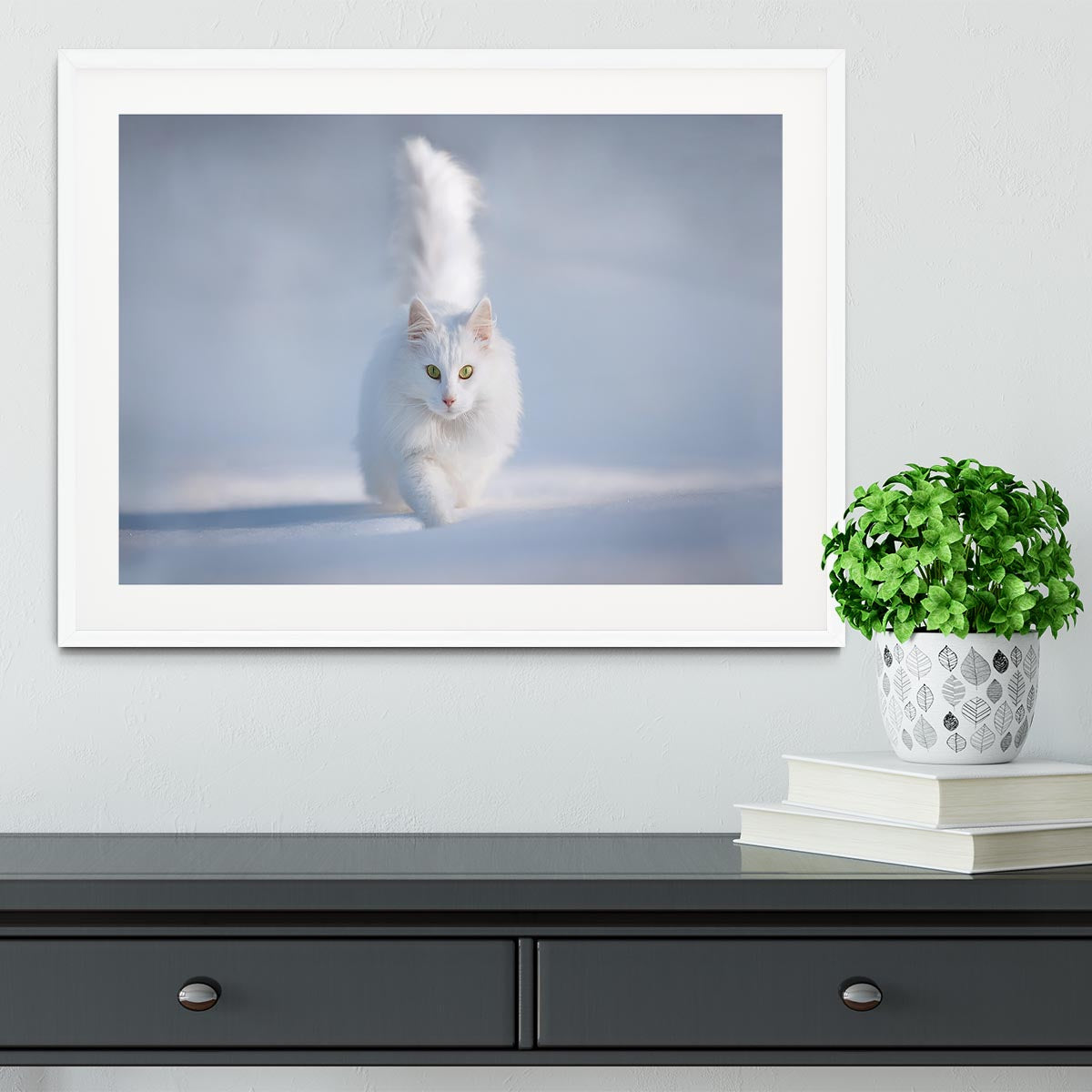White Kitten Running In Snow Framed Print - Canvas Art Rocks - 5