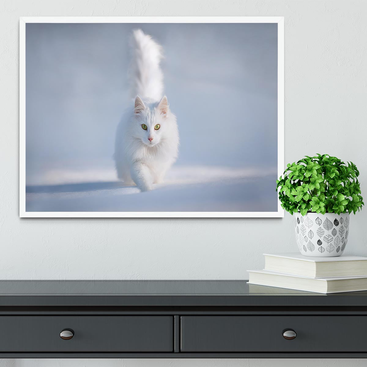 White Kitten Running In Snow Framed Print - Canvas Art Rocks -6