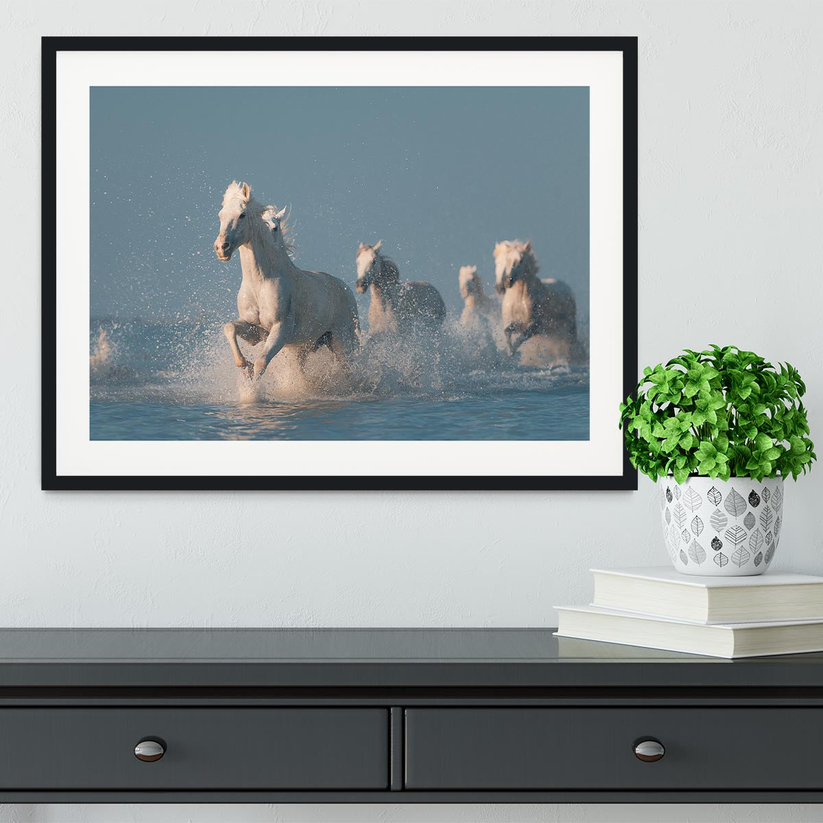 Wite Horses Running In Water Framed Print - Canvas Art Rocks - 1