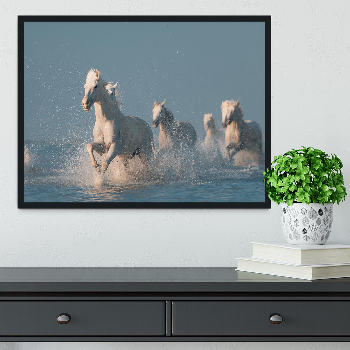Wite Horses Running In Water Framed Print - Canvas Art Rocks - 2