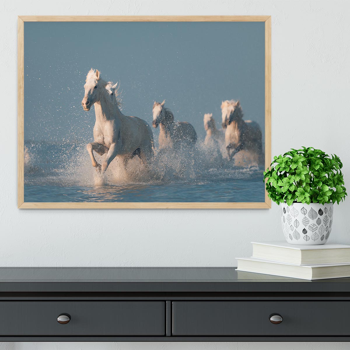Wite Horses Running In Water Framed Print - Canvas Art Rocks - 4
