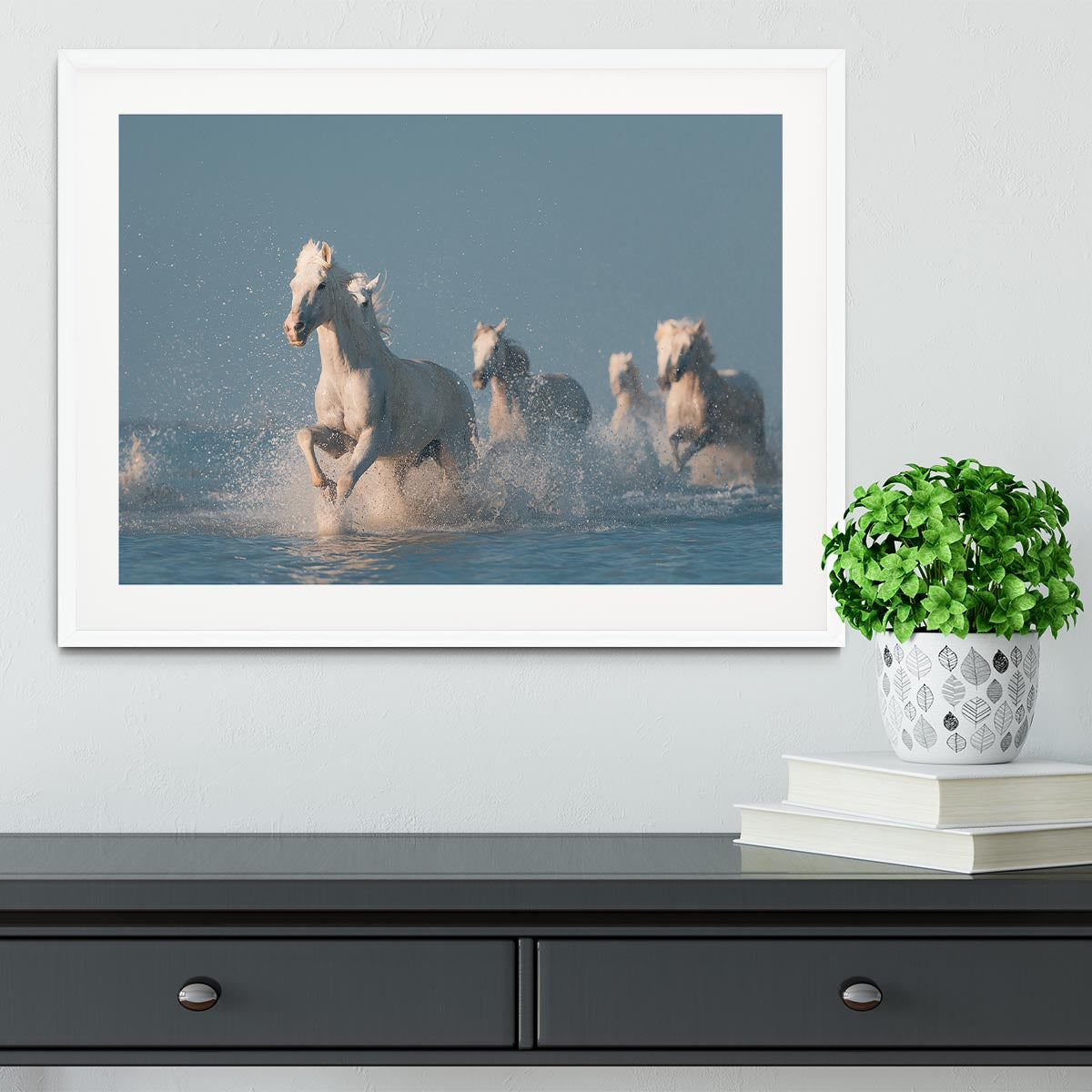 Wite Horses Running In Water Framed Print - Canvas Art Rocks - 5