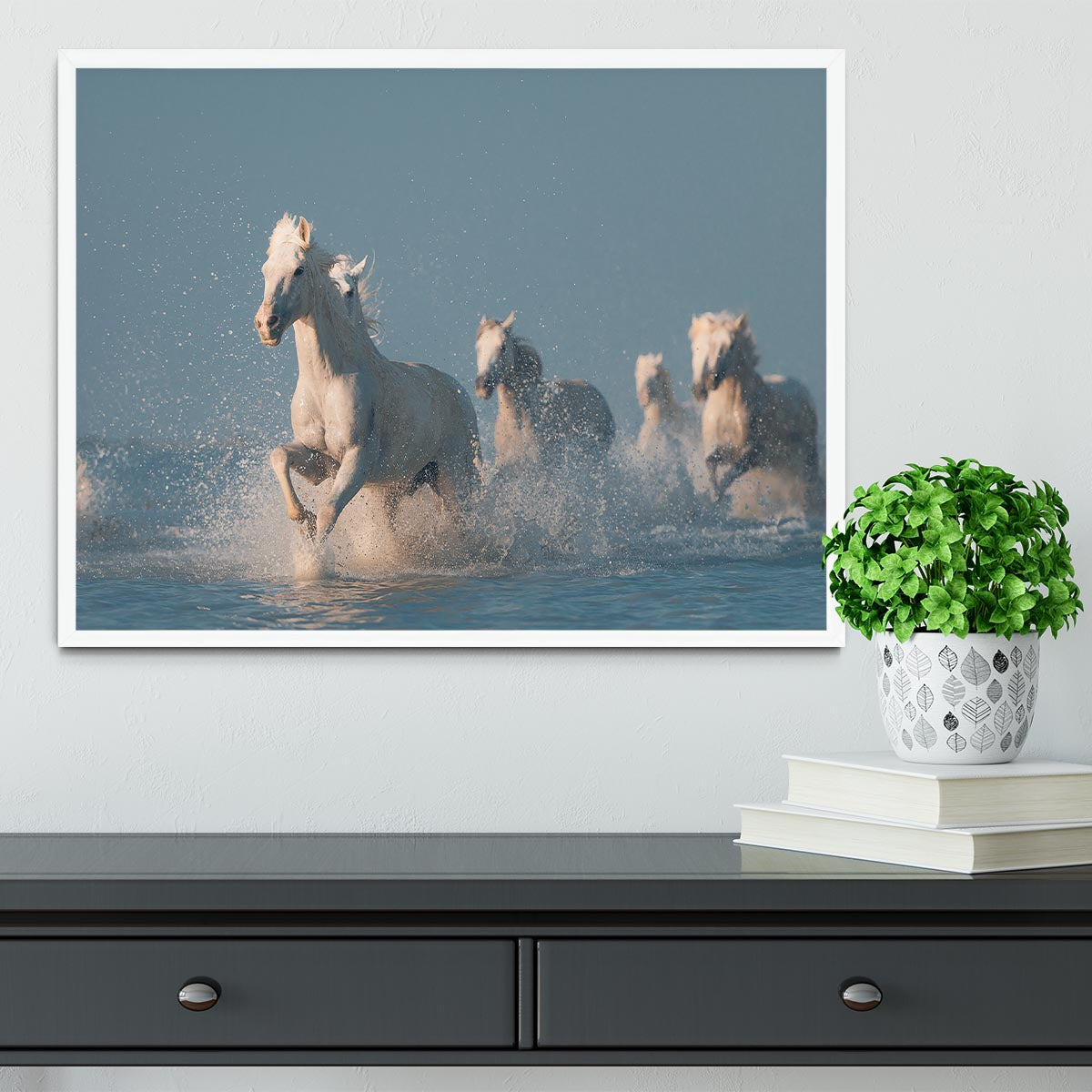 Wite Horses Running In Water Framed Print - Canvas Art Rocks -6