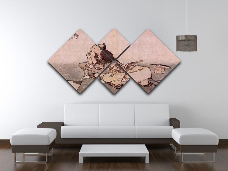 A Philospher looking at two butterflies by Hokusai 4 Square Multi Panel Canvas - Canvas Art Rocks - 3