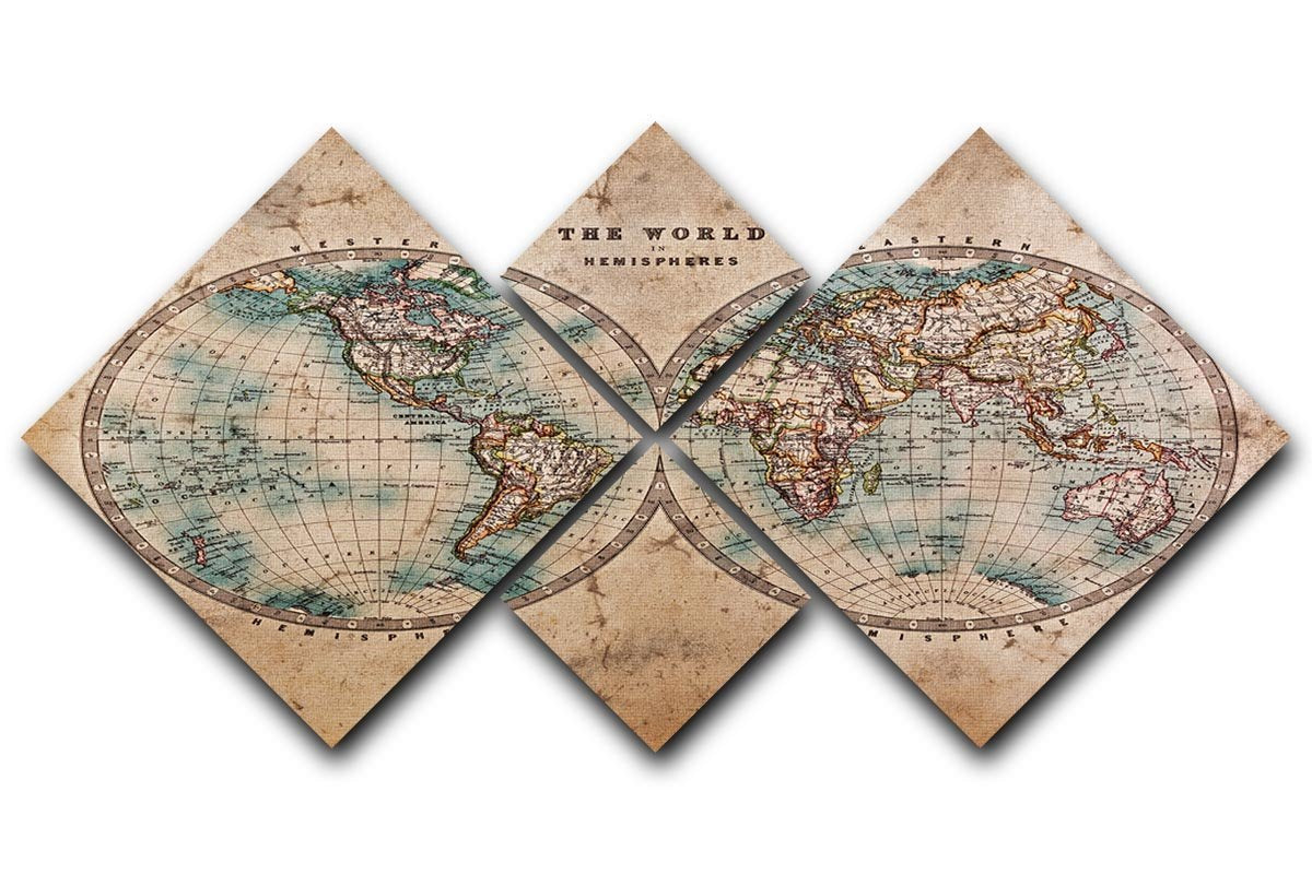 A genuine old stained World map 4 Square Multi Panel Canvas  - Canvas Art Rocks - 1