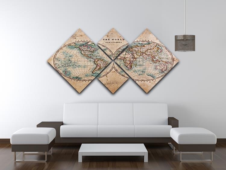 A genuine old stained World map 4 Square Multi Panel Canvas  - Canvas Art Rocks - 3