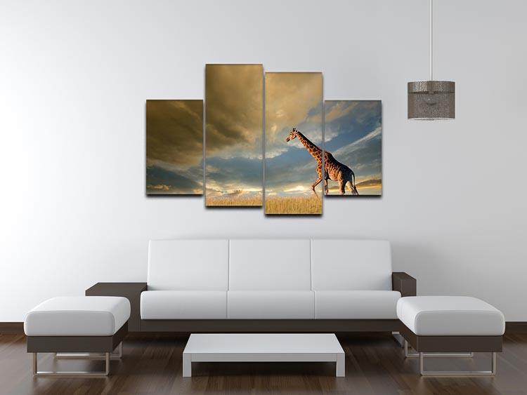 A giraffe walking on the African plains against a dramatic sky 4 Split Panel Canvas - Canvas Art Rocks - 3