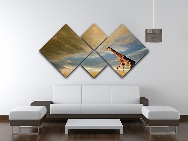 A giraffe walking on the African plains against a dramatic sky 4 Square Multi Panel Canvas - Canvas Art Rocks - 3