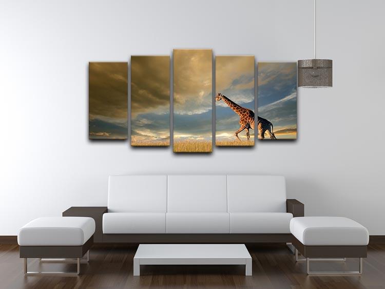 A giraffe walking on the African plains against a dramatic sky 5 Split Panel Canvas - Canvas Art Rocks - 3