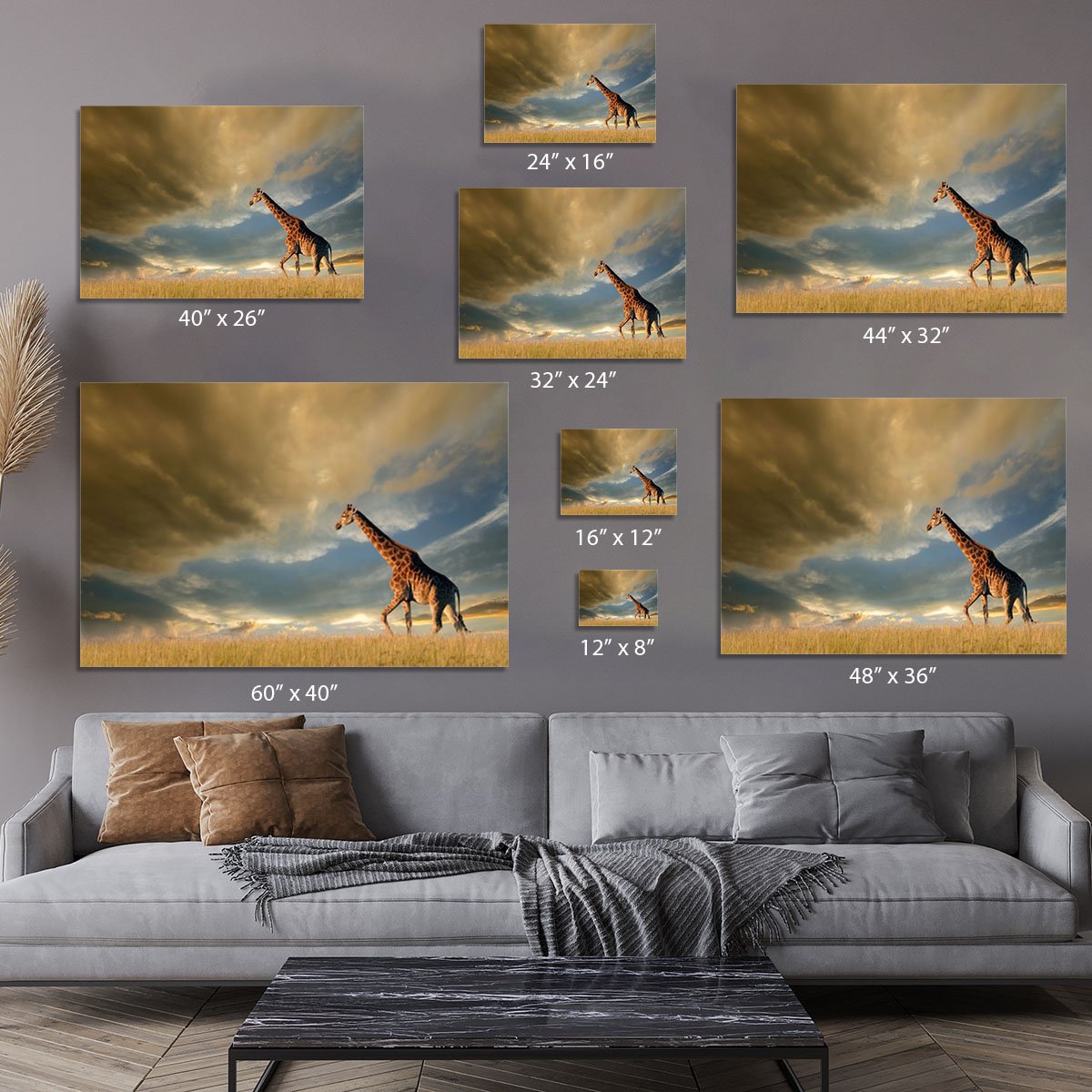A giraffe walking on the African plains against a dramatic sky Canvas Print or Poster
