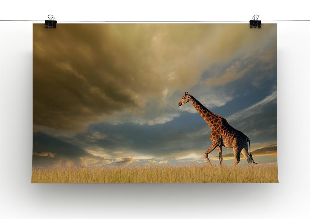 A giraffe walking on the African plains against a dramatic sky Canvas Print or Poster - Canvas Art Rocks - 2
