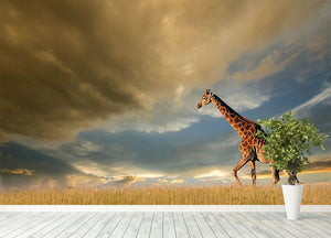 A giraffe walking on the African plains against a dramatic sky Wall Mural Wallpaper - Canvas Art Rocks - 4