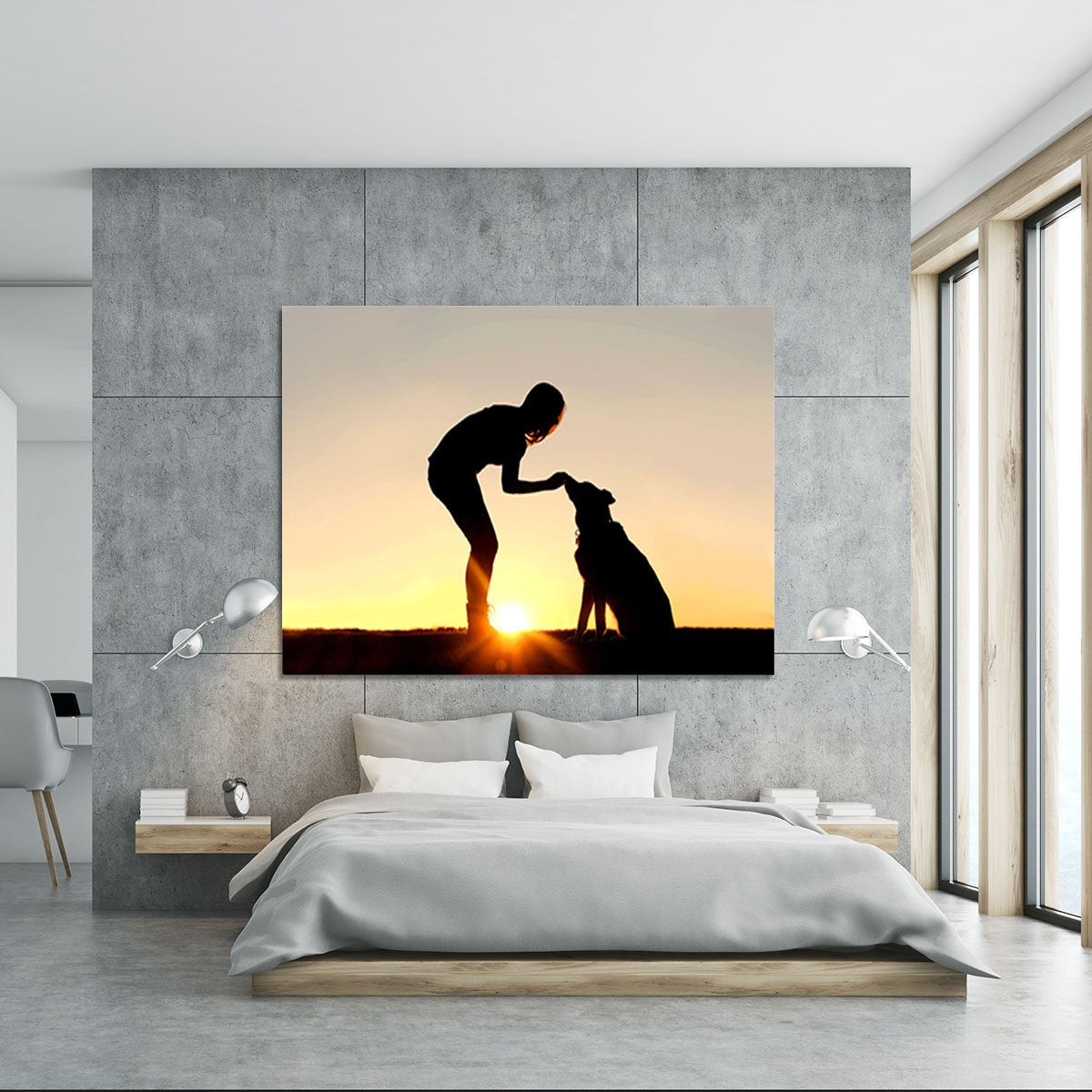 A silhouette of a girl sitting outside in the grass with her pet German Shepherd Mix Dog feeding him treats during training in front of a sunsetting sky. Canvas Print or Poster