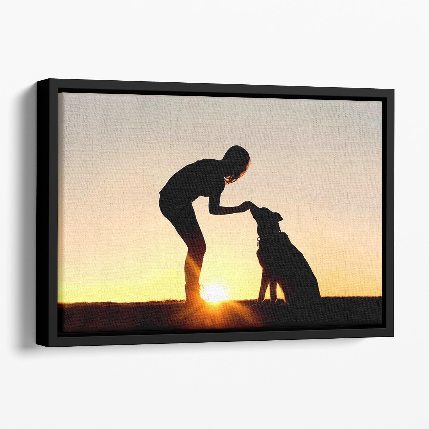 A silhouette of a girl sitting outside in the grass with her pet German Shepherd Mix Dog feeding him treats during training in front of a sunsetting sky. Floating Framed Canvas - Canvas Art Rocks - 1