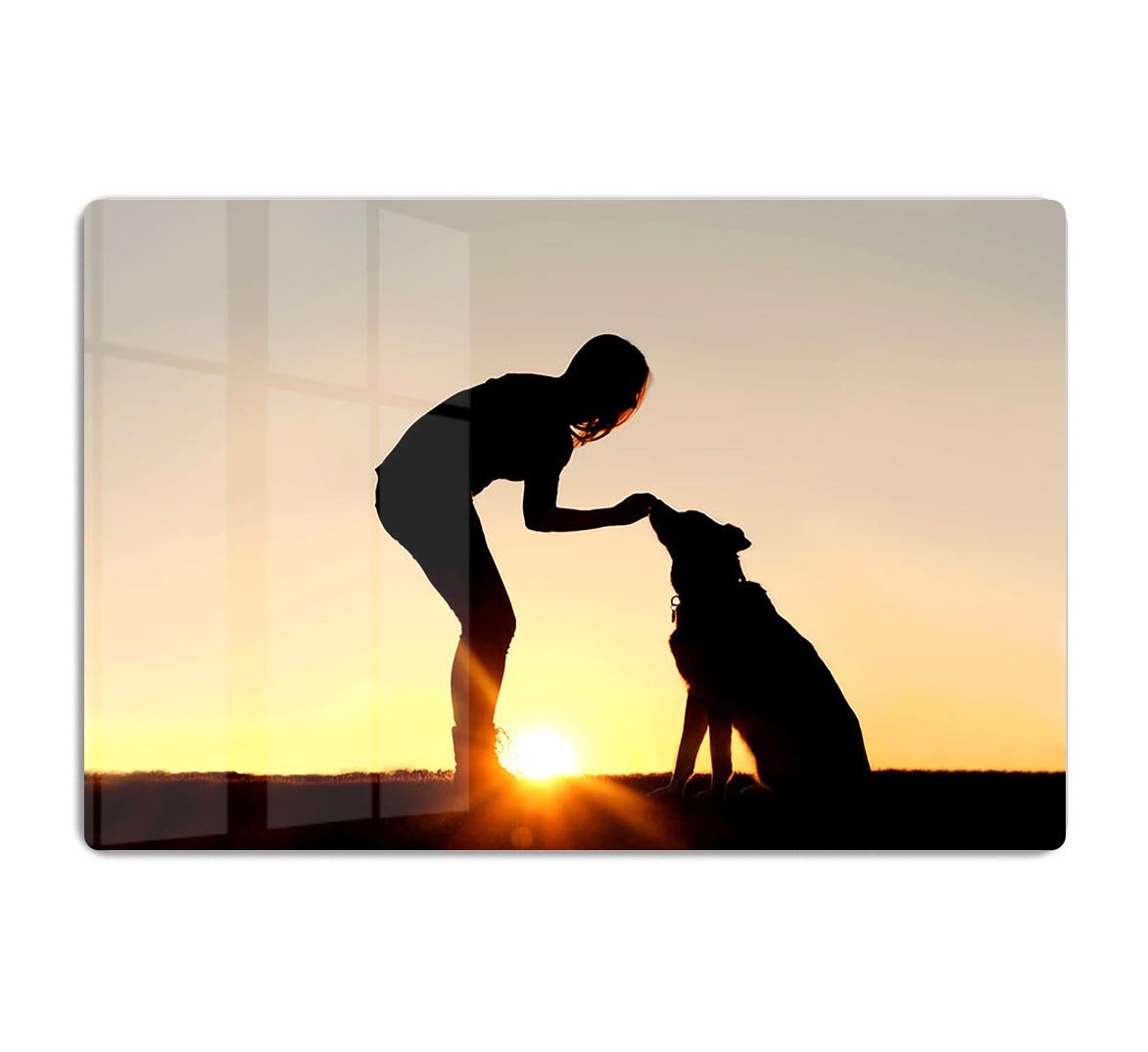 A silhouette of a girl sitting outside in the grass with her pet German Shepherd Mix Dog feeding him treats during training in front of a sunsetting sky. HD Metal Print - Canvas Art Rocks - 1