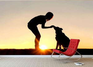 A silhouette of a girl sitting outside in the grass with her pet German Shepherd Mix Dog feeding him treats during training in front of a sunsetting sky. Wall Mural Wallpaper - Canvas Art Rocks - 2