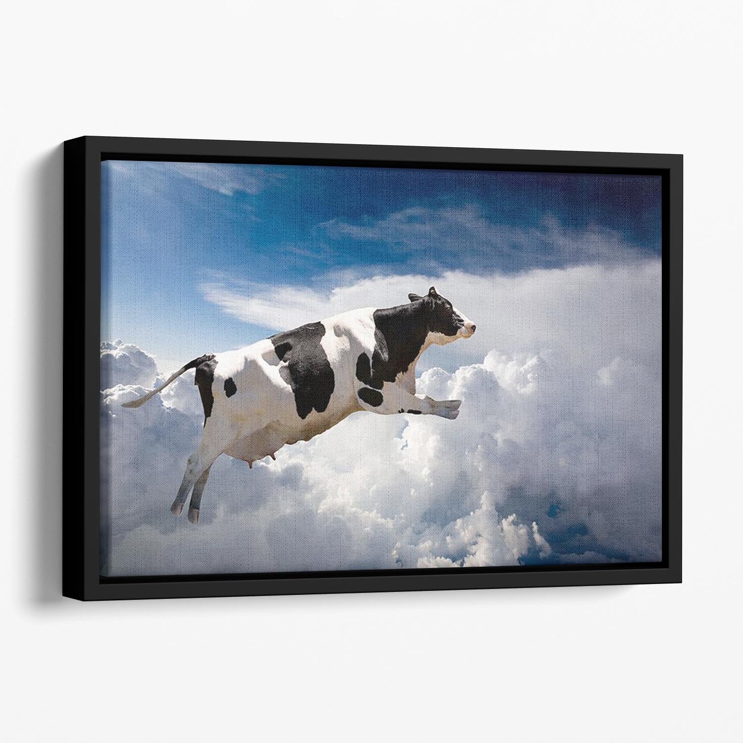 A super cow flying over clouds Floating Framed Canvas - Canvas Art Rocks - 1
