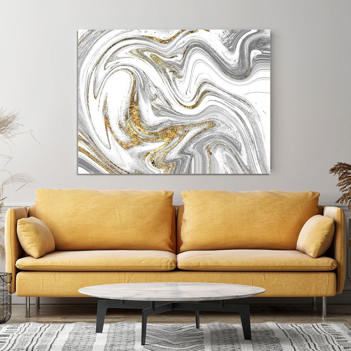 Abstract Swirled White Grey and Gold Marble Canvas Print or Poster