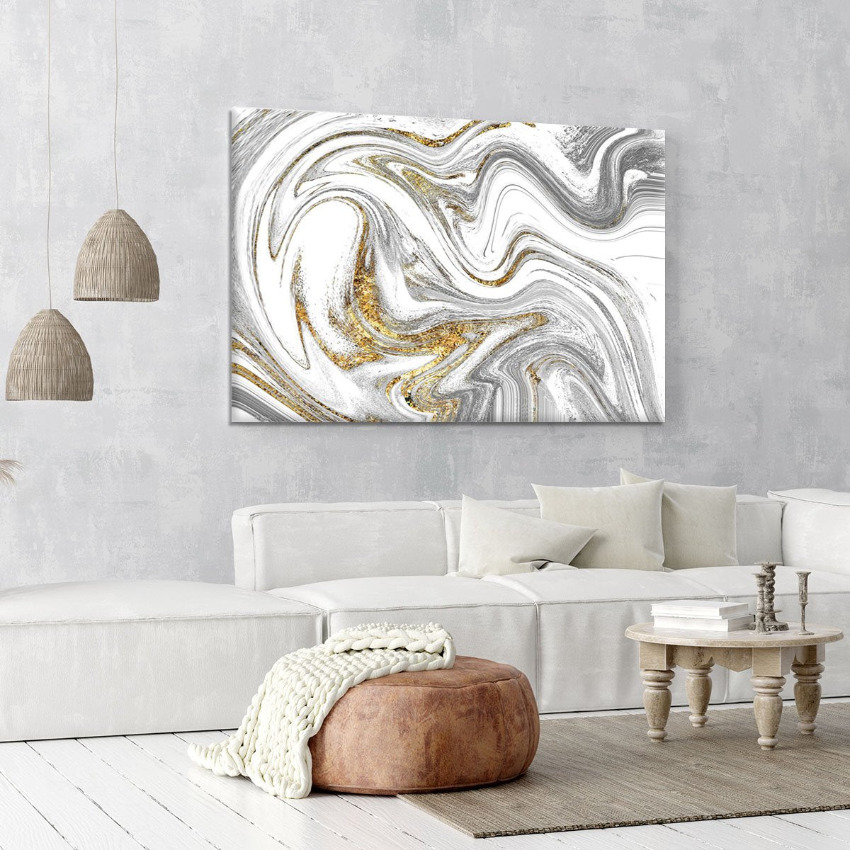 Abstract Swirled White Grey and Gold Marble Canvas Print or Poster