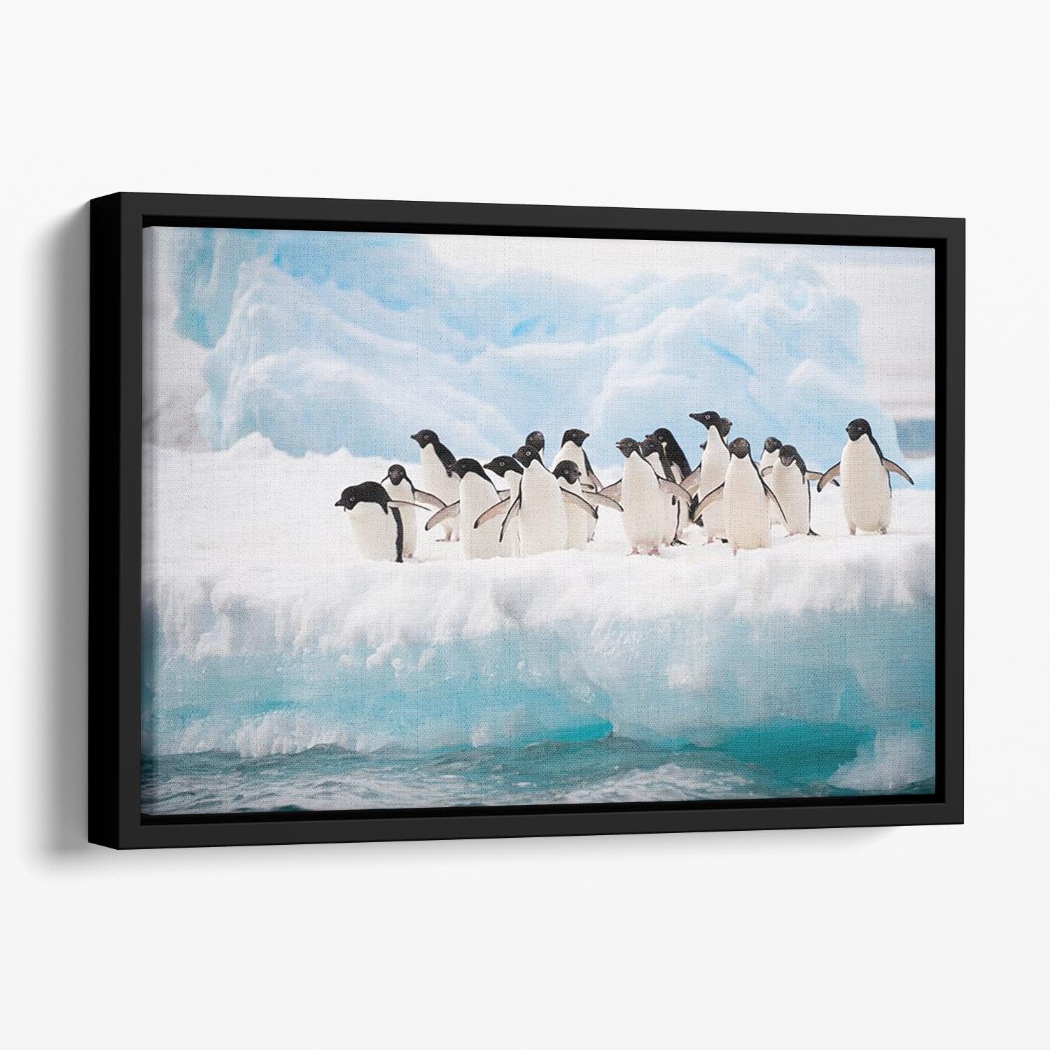 Adelie penguins colony on the iceberg Floating Framed Canvas - Canvas Art Rocks - 1