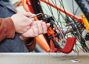 Adjusting bicycle gear on wheel in workshop Wall Mural Wallpaper - Canvas Art Rocks - 2