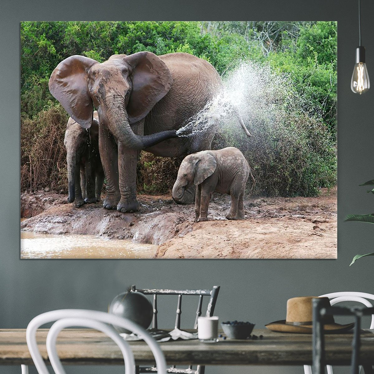 African elephant mother and baby cooling off Canvas Print or Poster