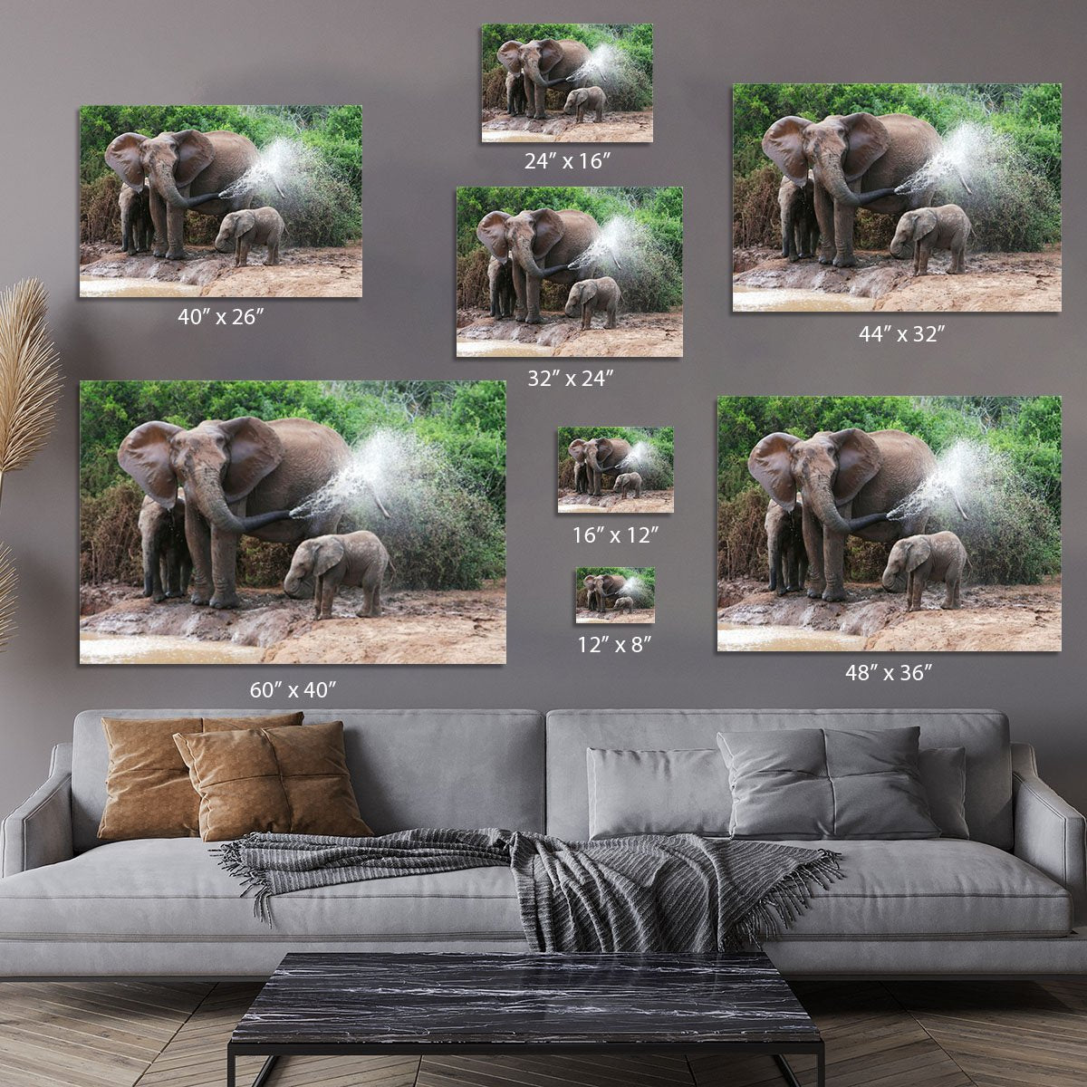 African elephant mother and baby cooling off Canvas Print or Poster