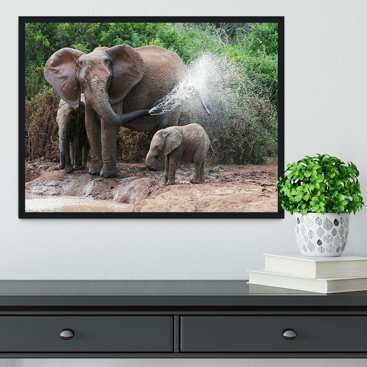 African elephant mother and baby cooling off Framed Print - Canvas Art Rocks - 2
