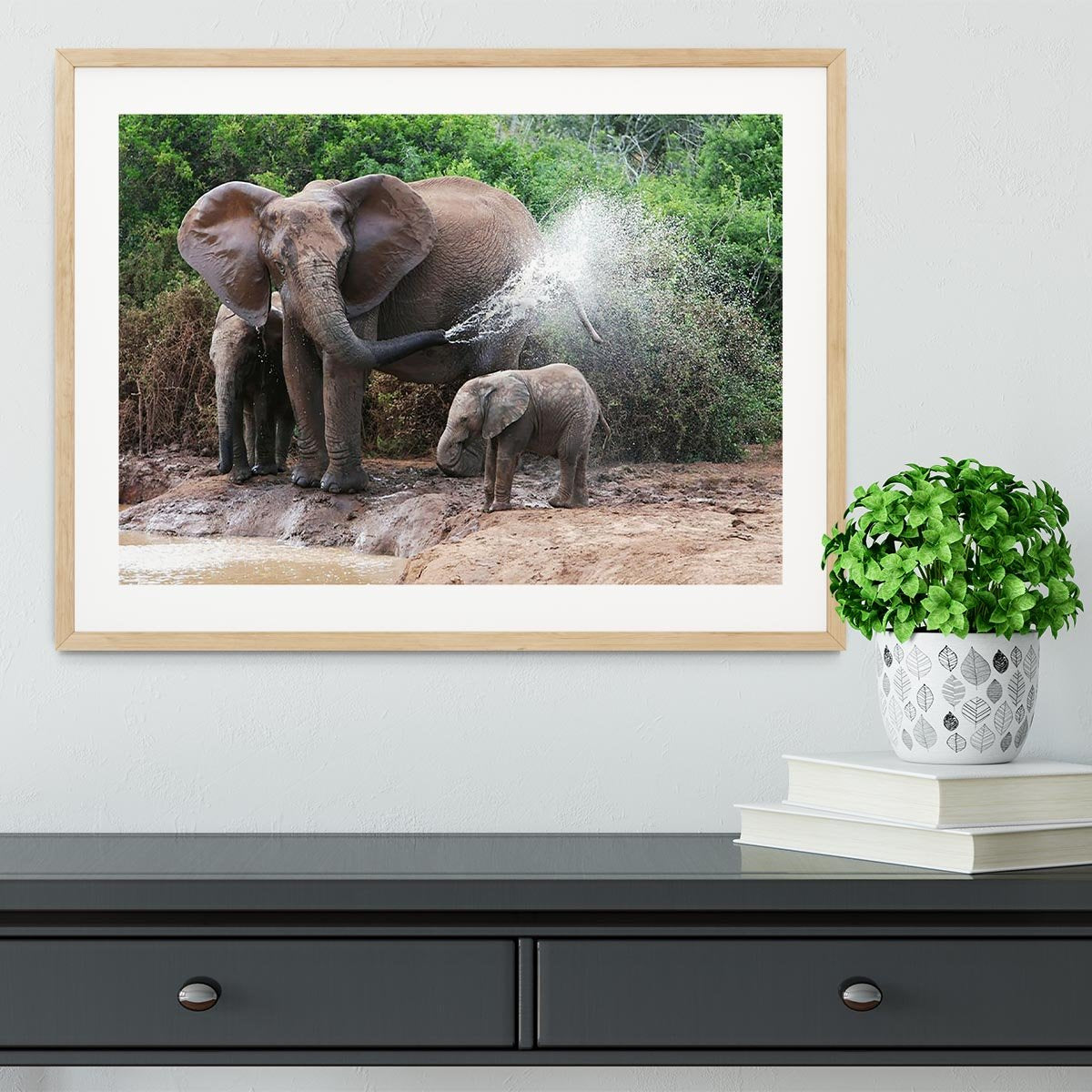 African elephant mother and baby cooling off Framed Print - Canvas Art Rocks - 3