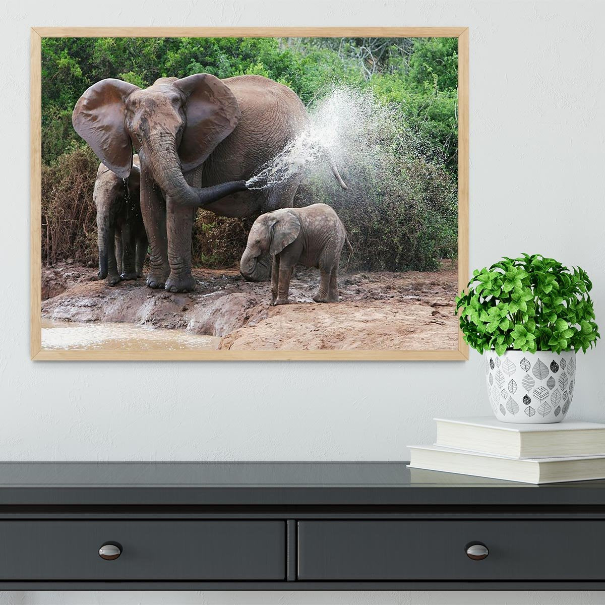 African elephant mother and baby cooling off Framed Print - Canvas Art Rocks - 4