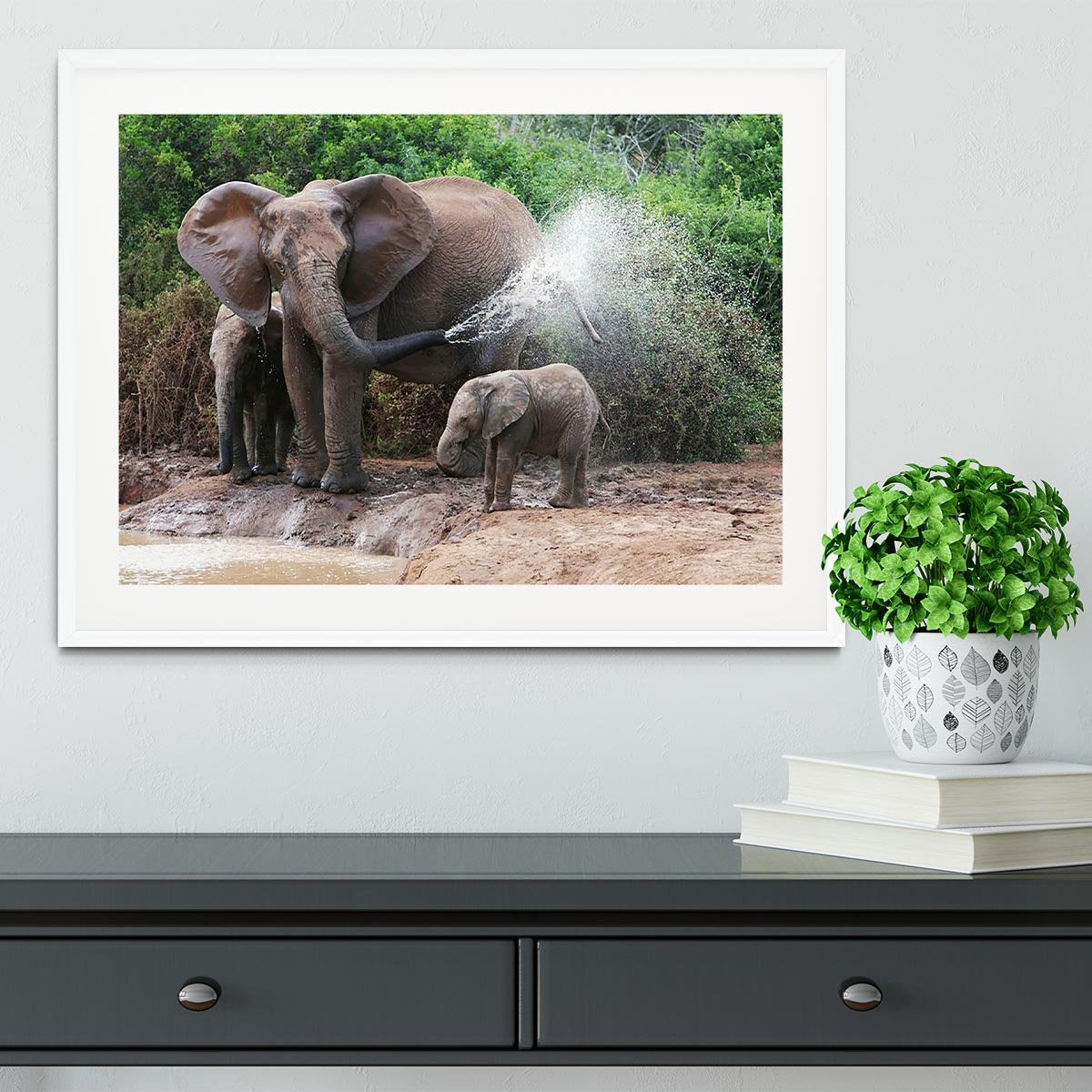 African elephant mother and baby cooling off Framed Print - Canvas Art Rocks - 5