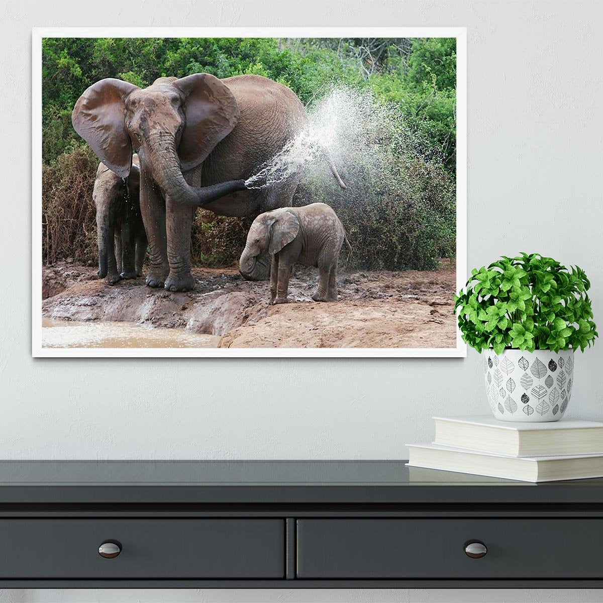 African elephant mother and baby cooling off Framed Print - Canvas Art Rocks -6
