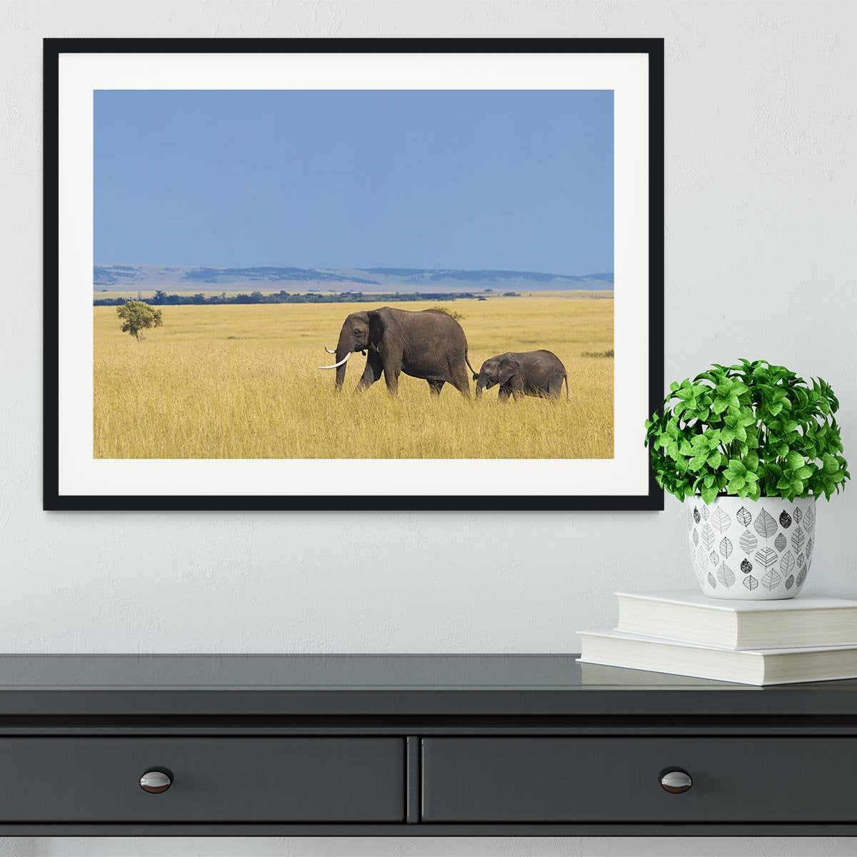 African elephant with calf Framed Print - Canvas Art Rocks - 1
