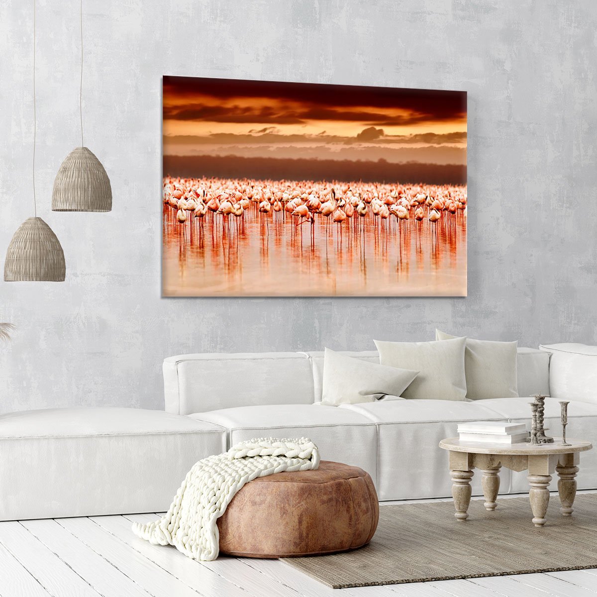 African flamingos in the lake over beautiful sunset Canvas Print or Poster