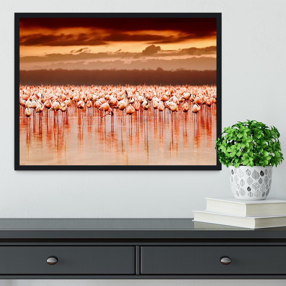 African flamingos in the lake over beautiful sunset Framed Print - Canvas Art Rocks - 2