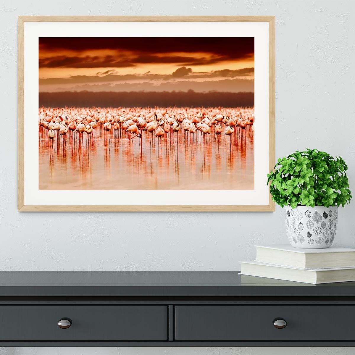 African flamingos in the lake over beautiful sunset Framed Print - Canvas Art Rocks - 3