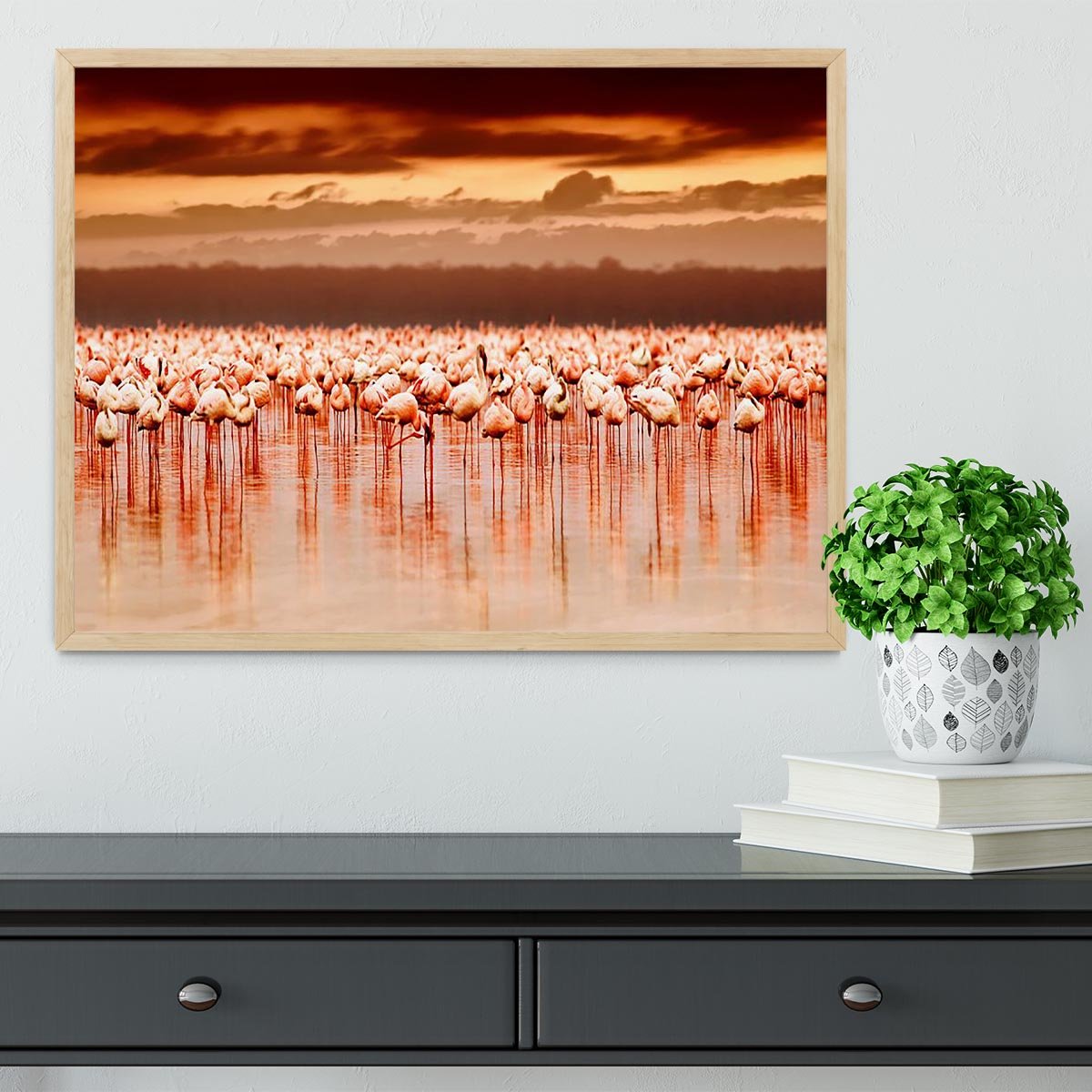 African flamingos in the lake over beautiful sunset Framed Print - Canvas Art Rocks - 4