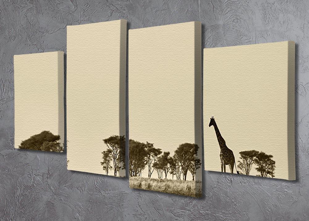 African landscape with giraffe in black and white 4 Split Panel Canvas - Canvas Art Rocks - 2
