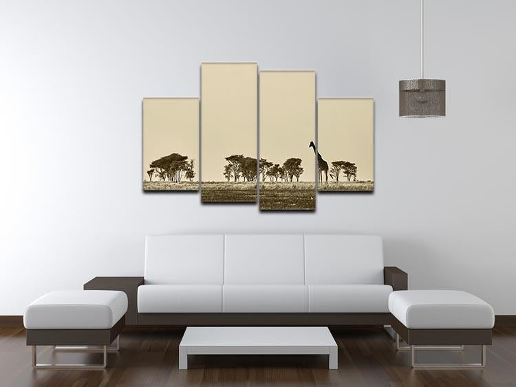 African landscape with giraffe in black and white 4 Split Panel Canvas - Canvas Art Rocks - 3