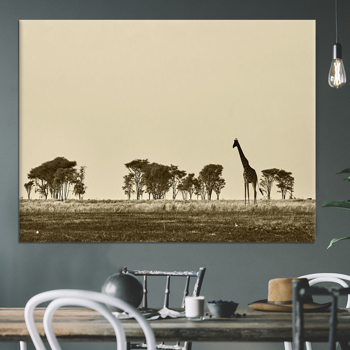 African landscape with giraffe in black and white Canvas Print or Poster - Canvas Art Rocks - 3