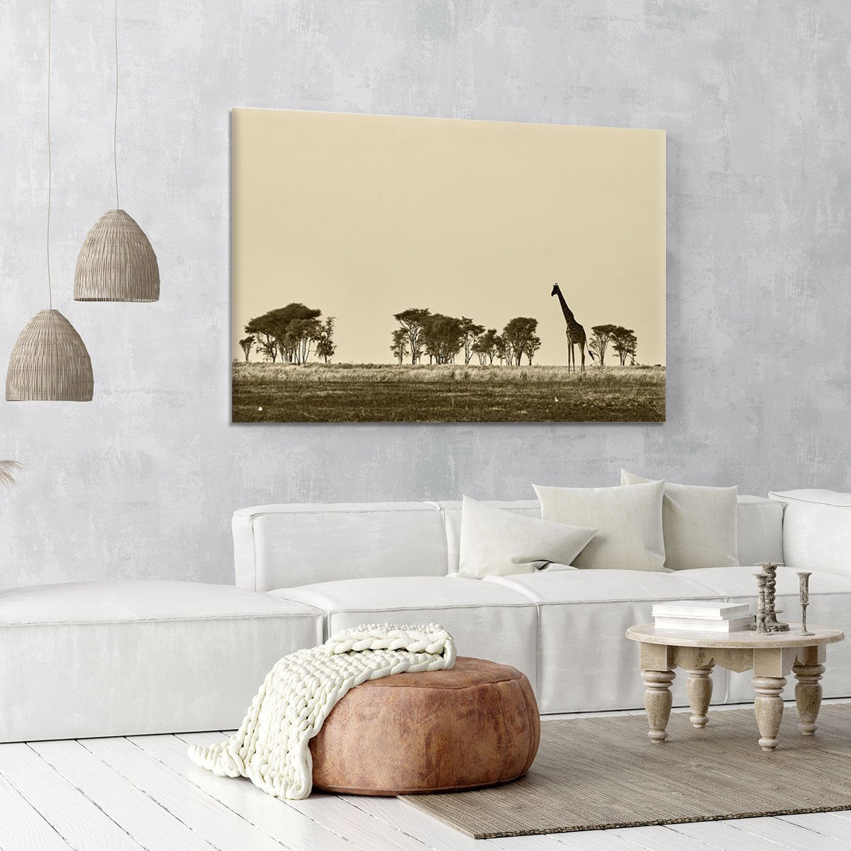African landscape with giraffe in black and white Canvas Print or Poster