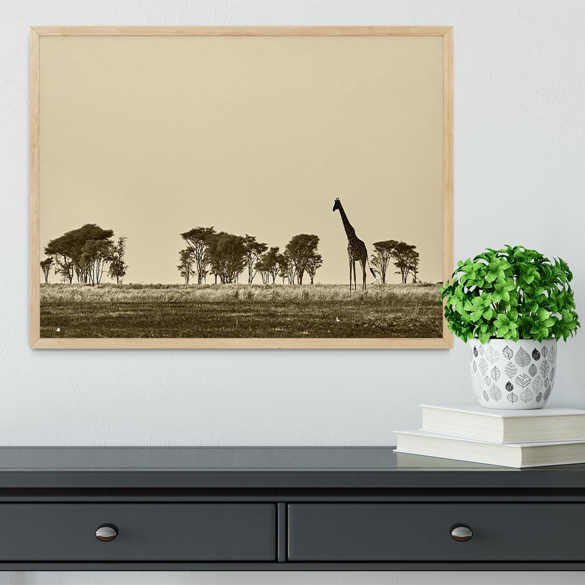 African landscape with giraffe in black and white Framed Print - Canvas Art Rocks - 4