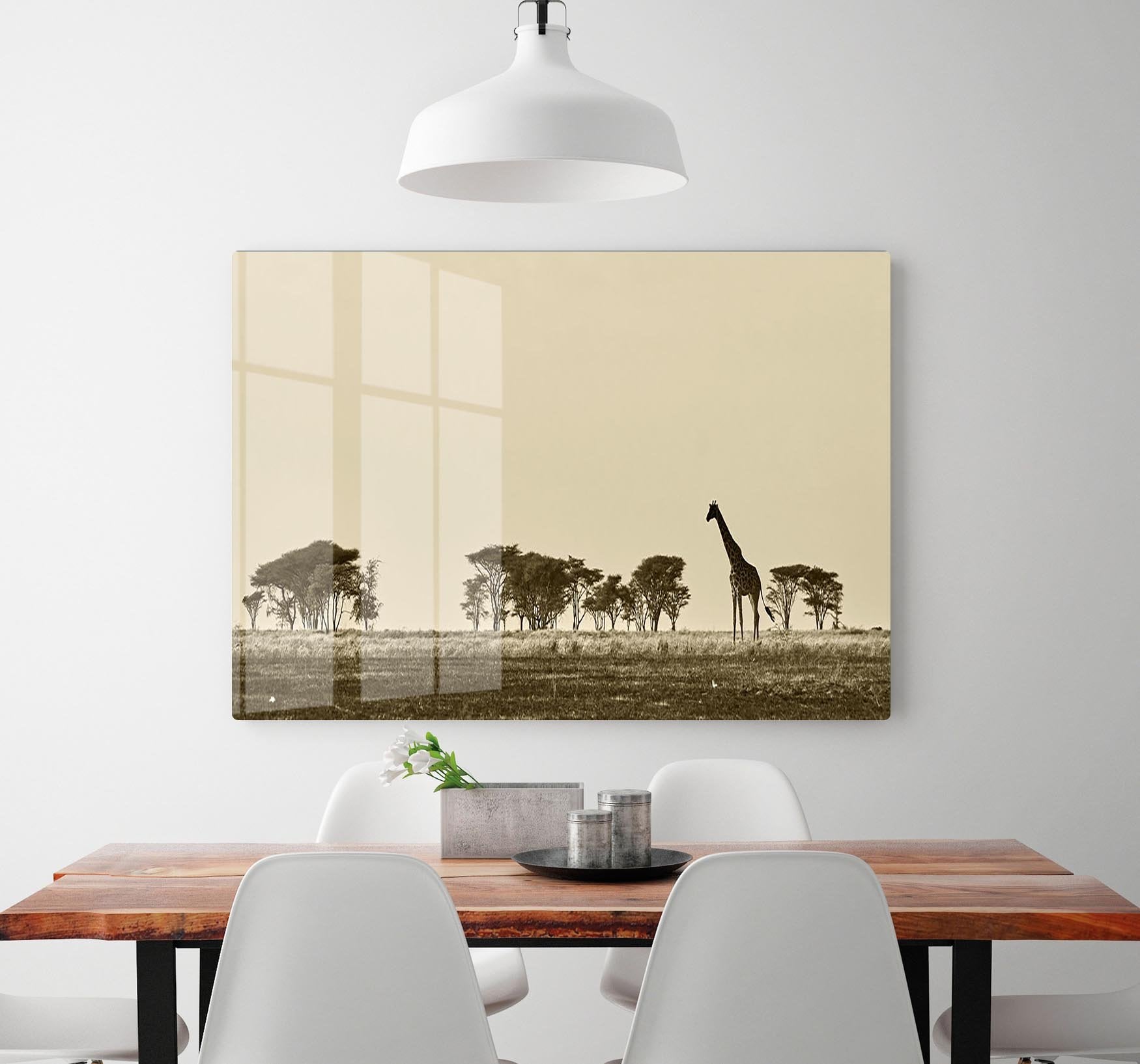 African landscape with giraffe in black and white HD Metal Print - Canvas Art Rocks - 2