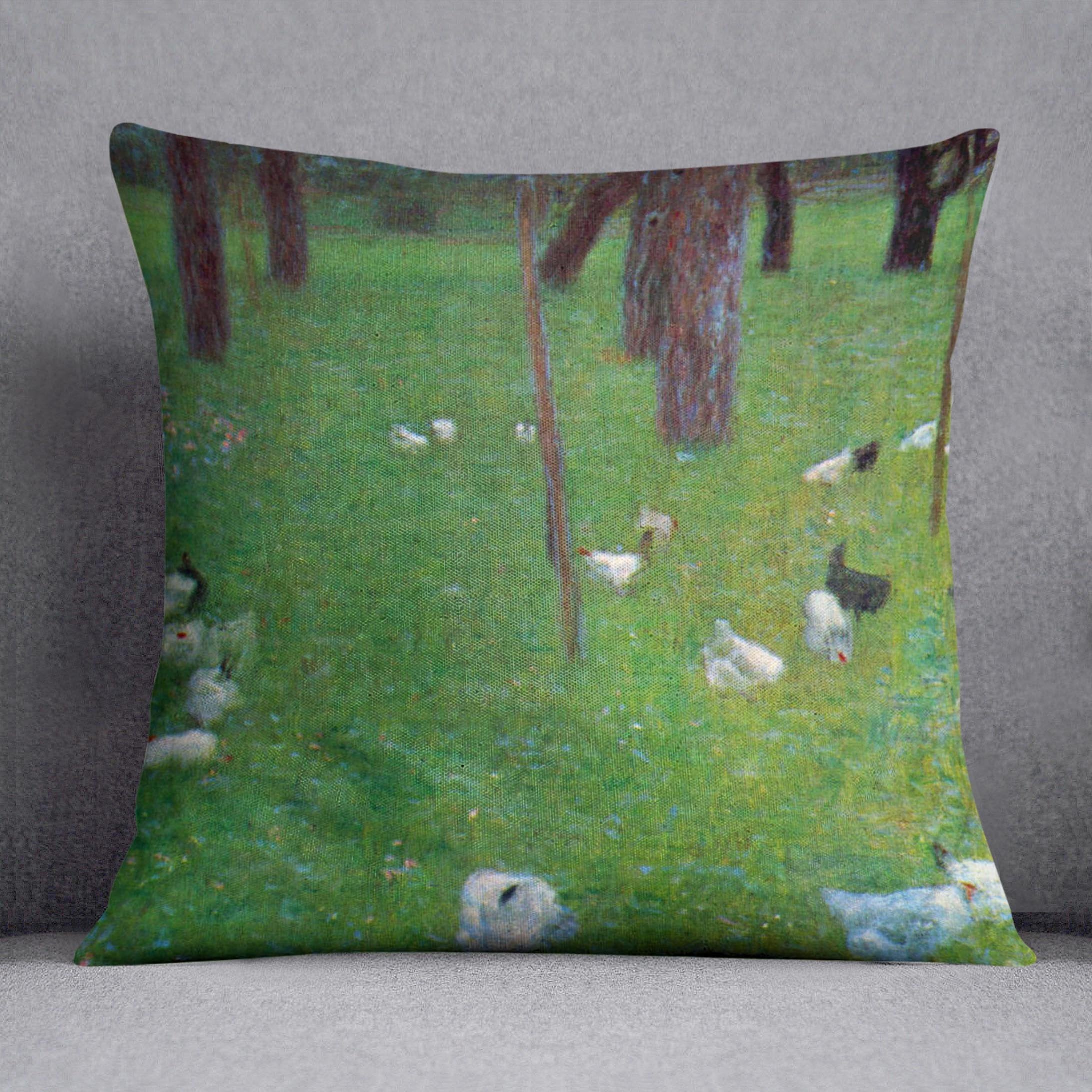After the rain garden with chickens in St. Agatha by Klimt Throw Pillow