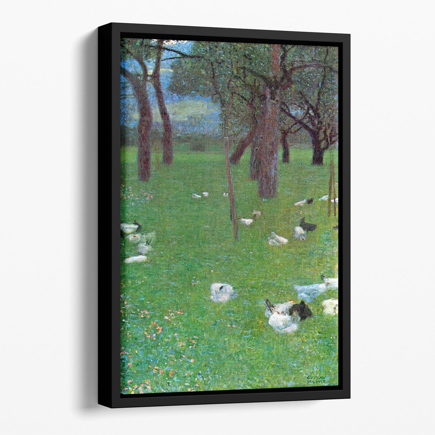After the rain garden with chickens in St. Agatha by Klimt Floating Framed Canvas