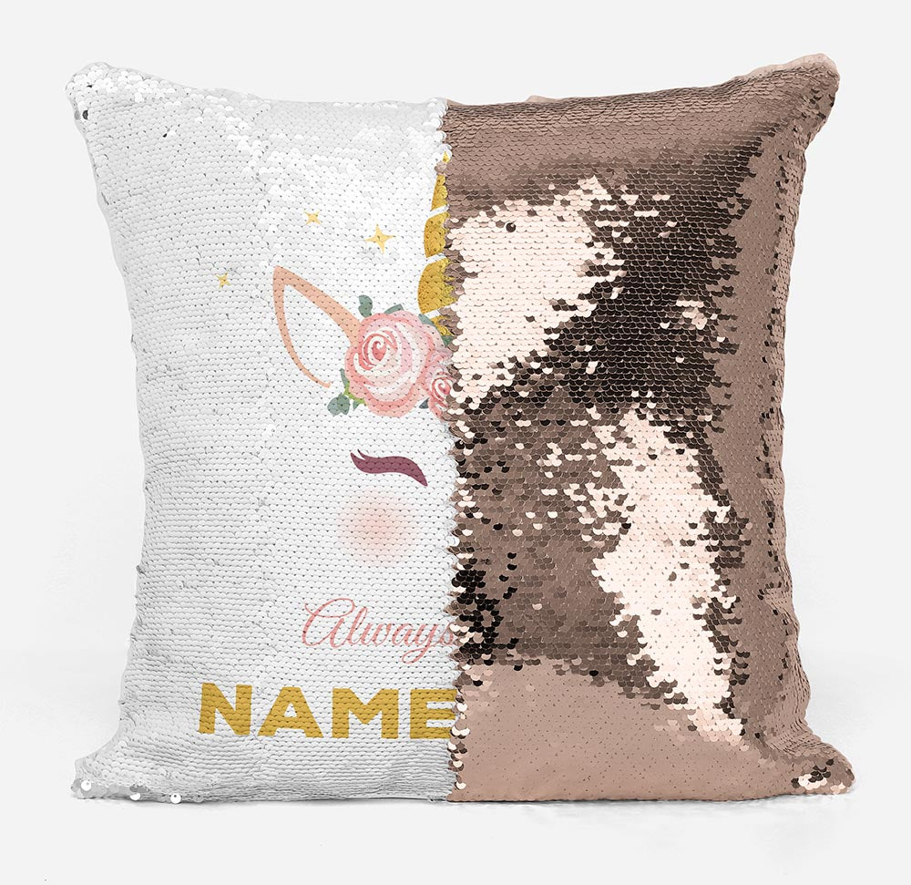 Personalised Unicorn Rose Gold Magic Reveal Cushion