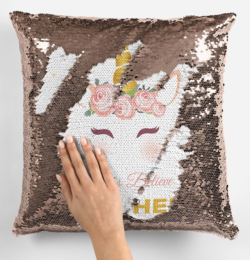 Personalised Unicorn Rose Gold Magic Reveal Cushion